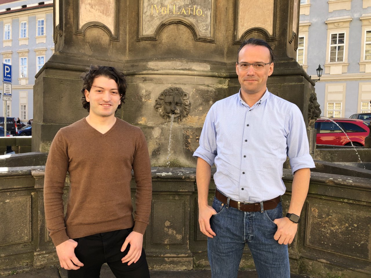 The project lead A. Wilkie (on the right) and the new team member M. Hafidi near the Matfyz builing in Prague